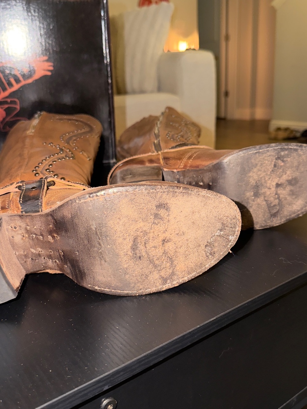 π€ β¨ππ€ FREEBIRD by Steven Coyote Brown Leather Tall Boots Size 9 Studded Western! - Picture 8 of 13